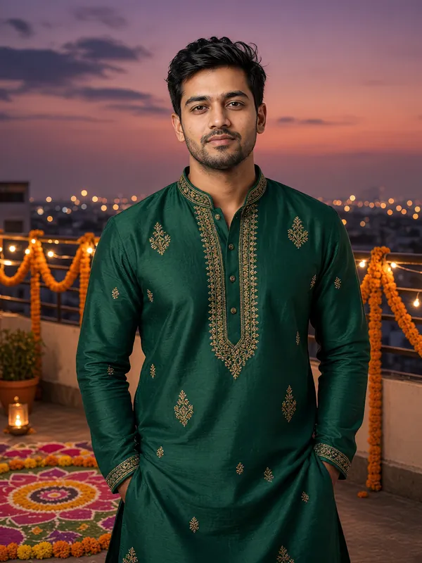 AI Diwali photo example: a man in a green kurta beside a colorful rangoli on a rooftop terrace with marigold garlands